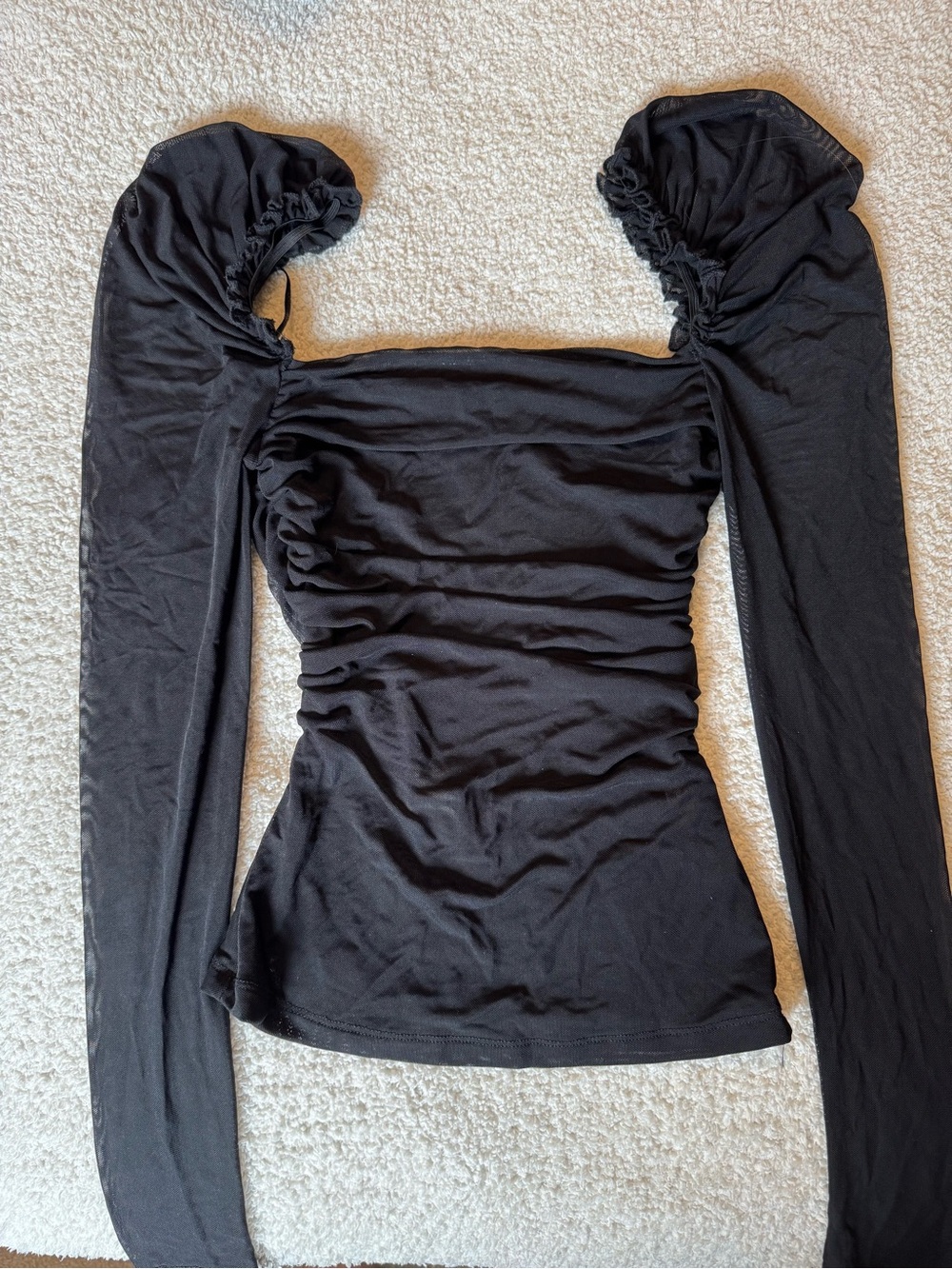 Black mesh Ruched Square-Neck Long Sleeve Top